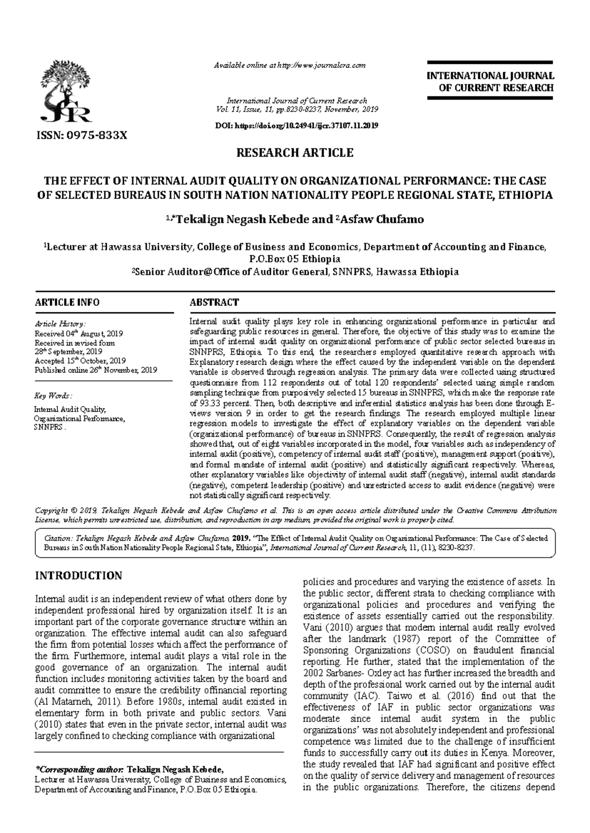 The Impact of Internal Audit Quality on Org. Performance in SNNPRS ...