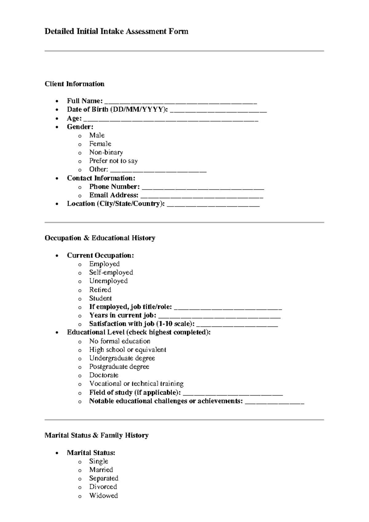 Initial Intake Assessment Form: Client Information & History - Studocu