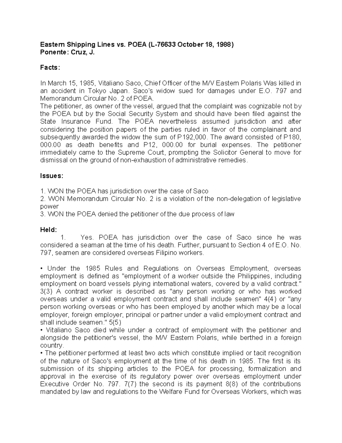 Eastern Shipping Lines vs. POEA: Jurisdiction and Legislative Power ...