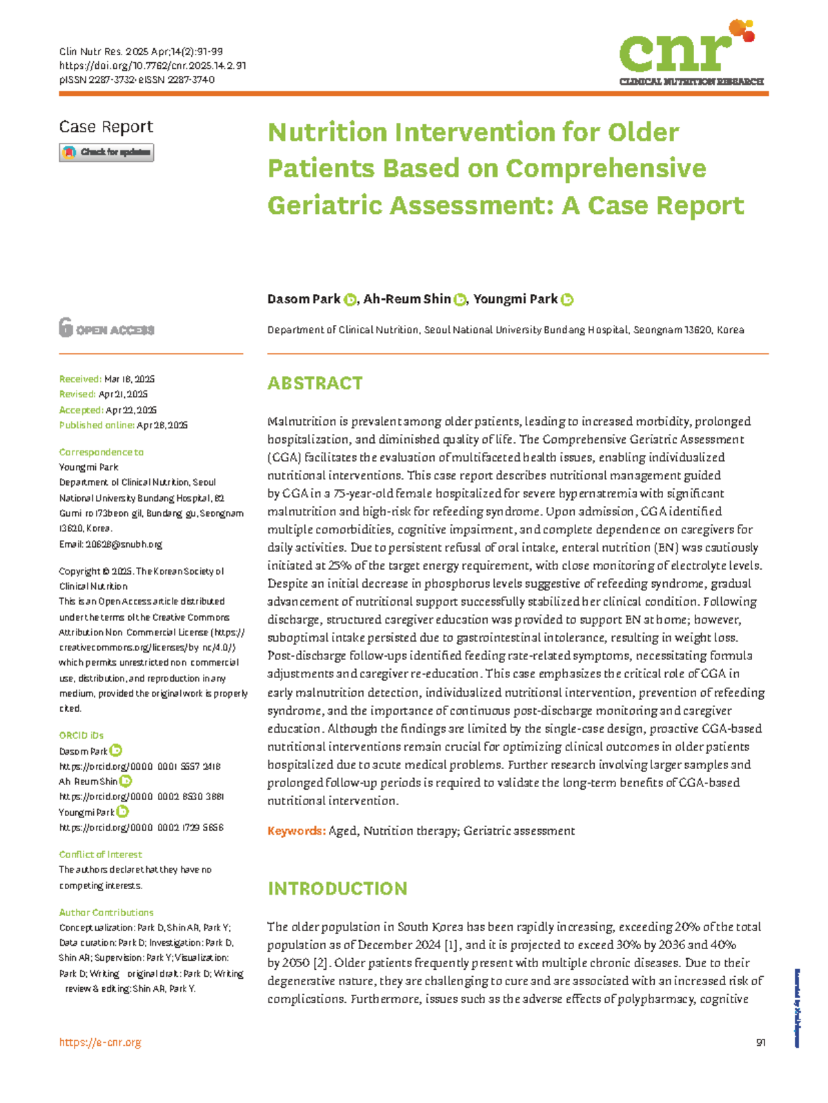 Nutrition Intervention for Older Patients: A Case Report (CNR-14-91 ...