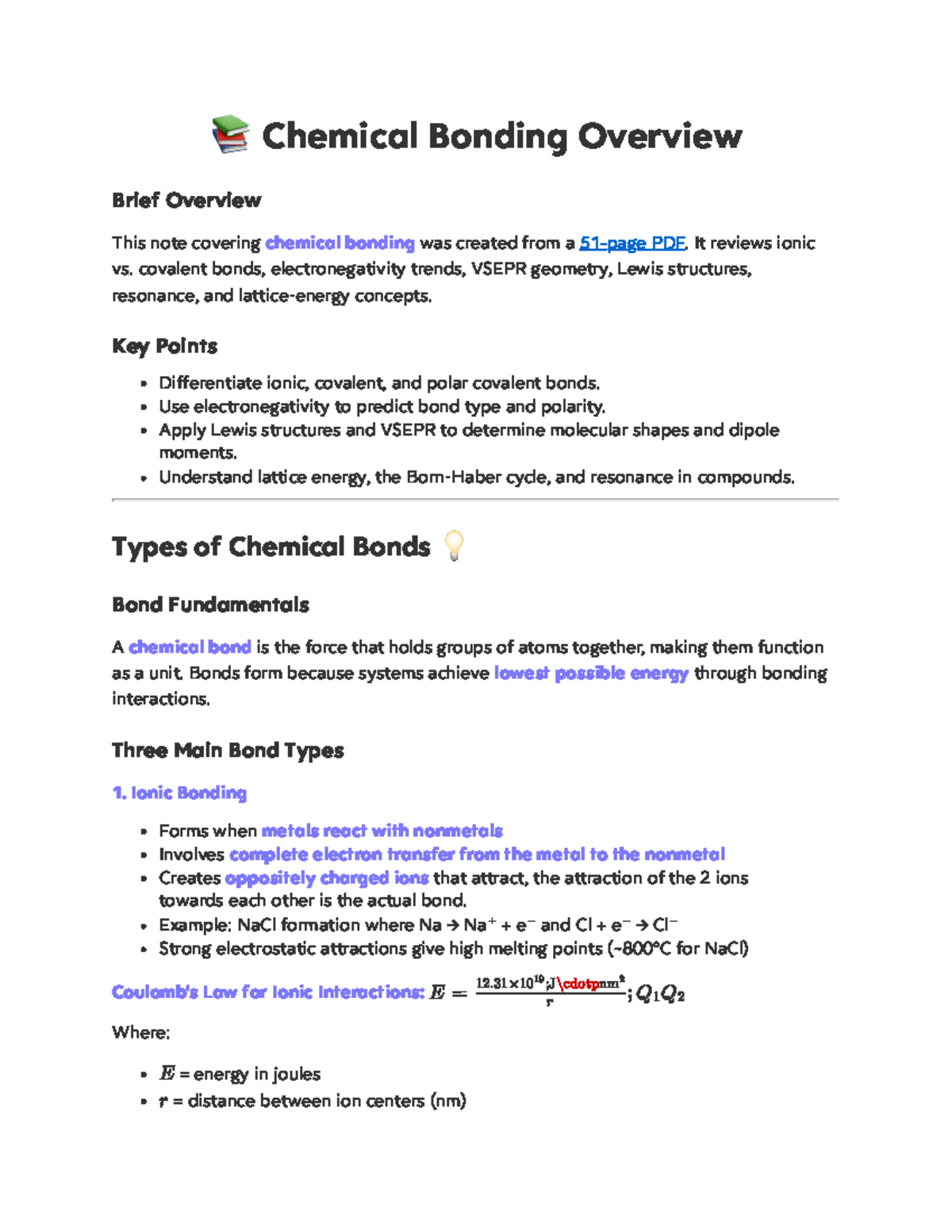 Chemical Bonding Notes: Overview of Ionic, Covalent, and Polar Bonds ...