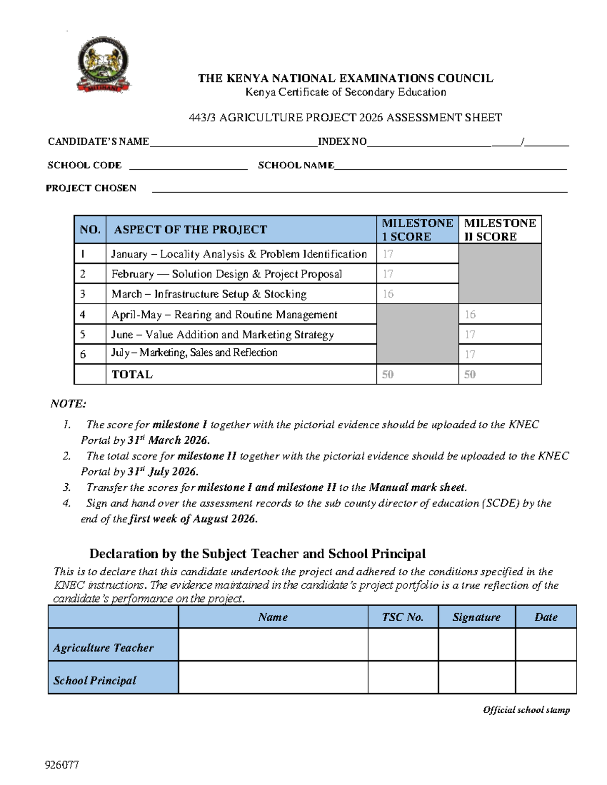 KNEC 443 3 Agriculture Project Assessment Sheet 2026 Studocu