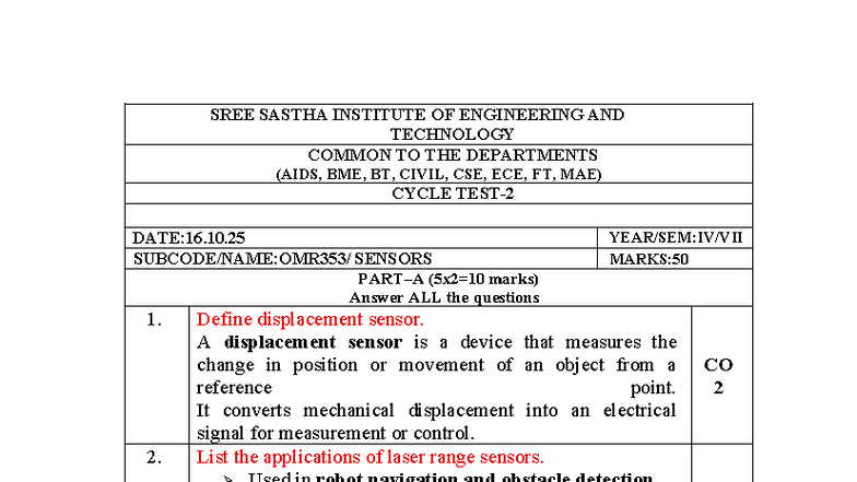 OMR353 Sensors CT-2 Answer Key and Study Guide - Studocu