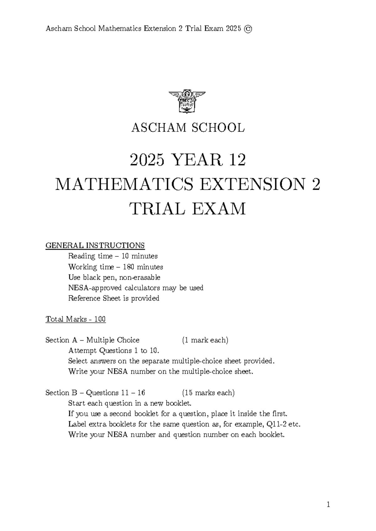 Ascham School 2025 Year 12 Mathematics Extension 2 Trial Exam Solutions ...