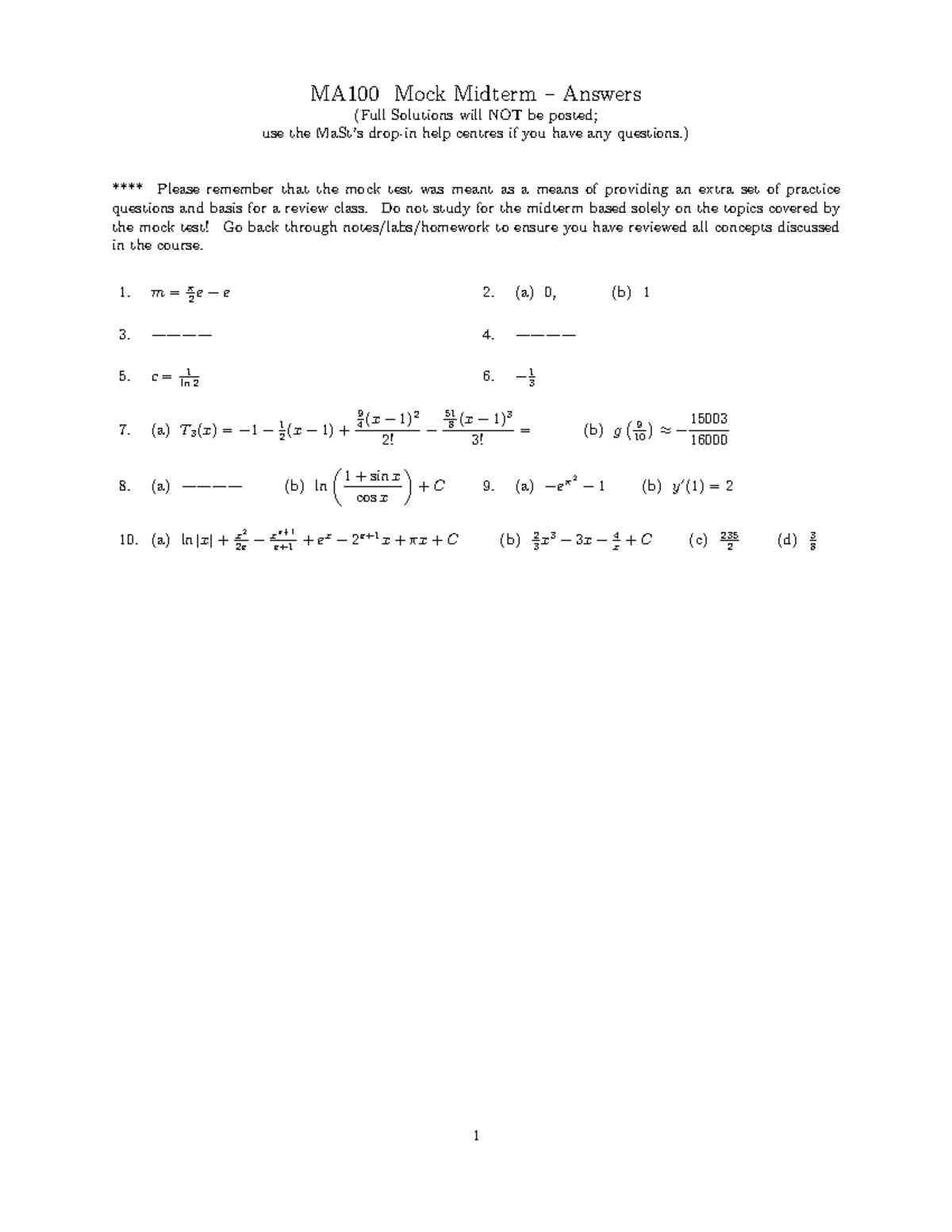 MA101 Mock Midterm W21 Answers and Solutions - Studocu