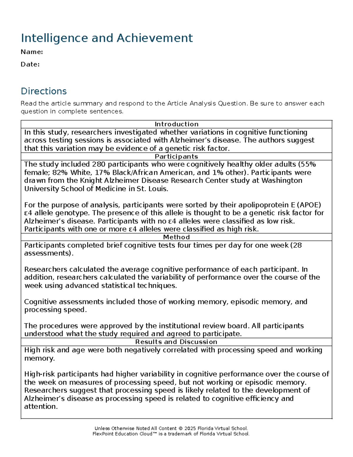 INT 101: Intelligence and Achievement Assessment Analysis - Studocu