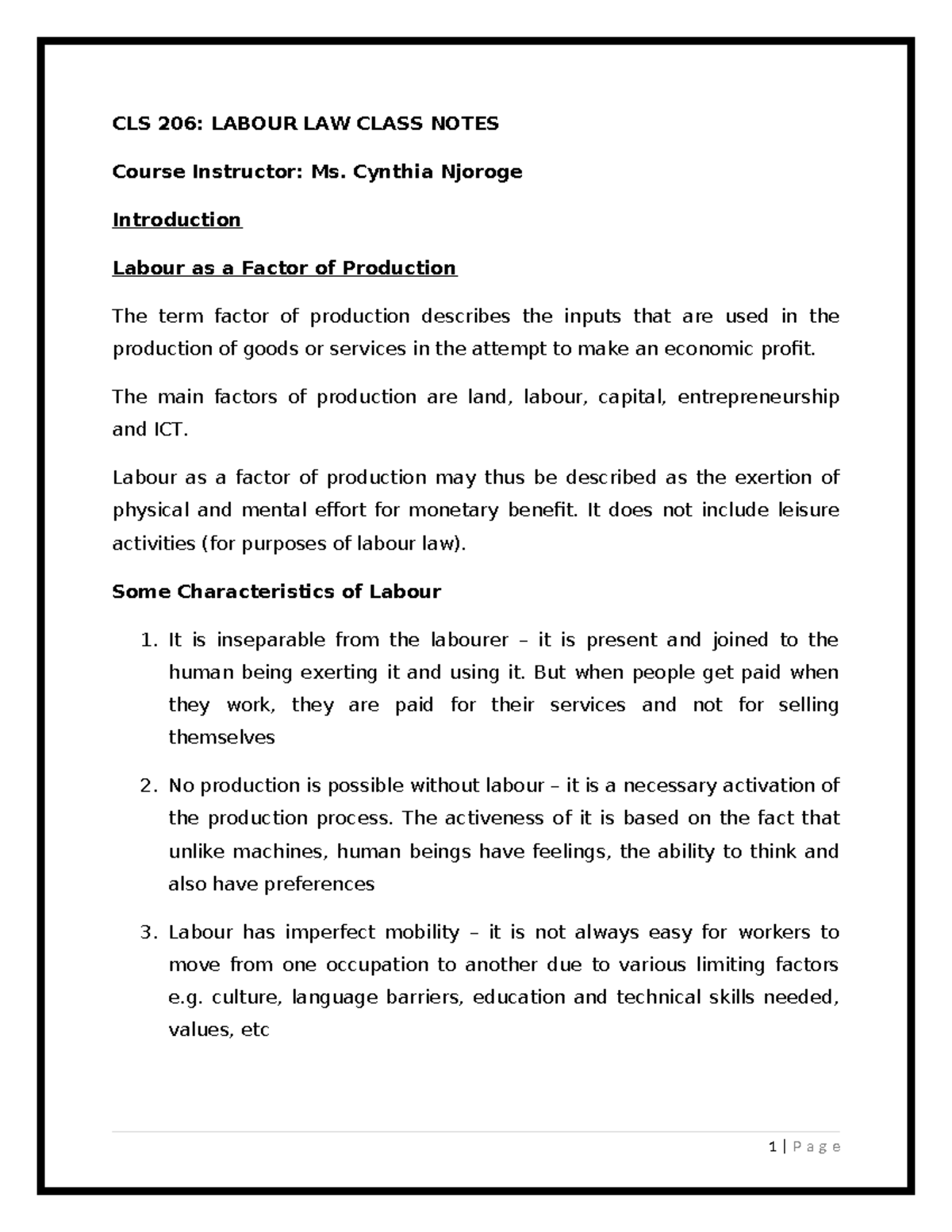 CLS 206: Updated Labour Law Class Notes and Key Concepts - Studocu