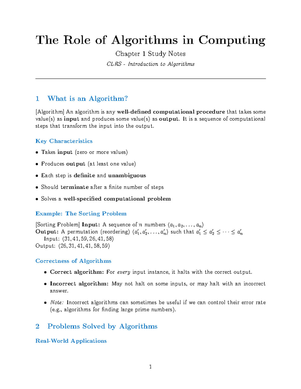 Chapter 1 Study Notes: The Role of Algorithms in Computing (CSE Level 2 ...