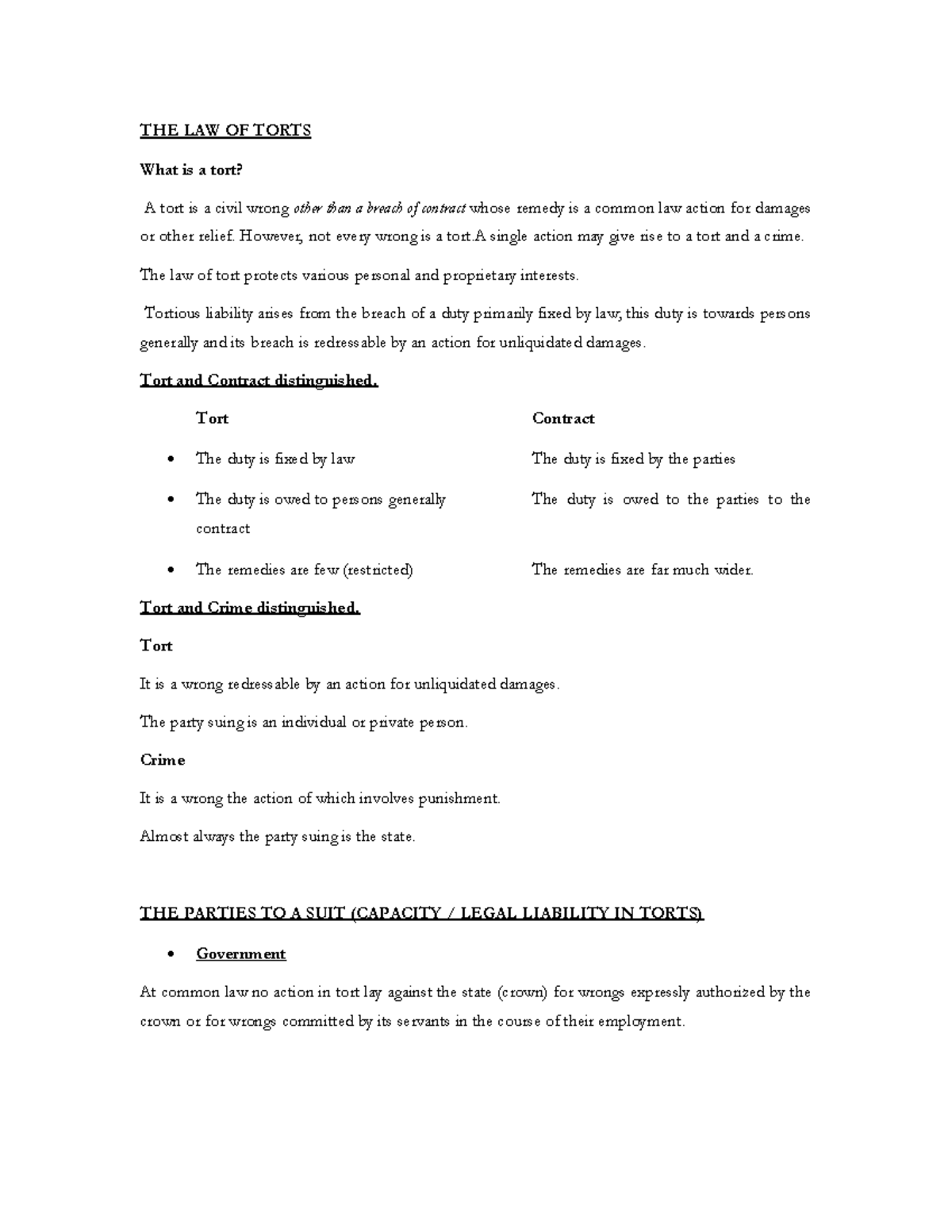 Torts 1 - Summary of Key Legal Principles in Tort Law - Studocu
