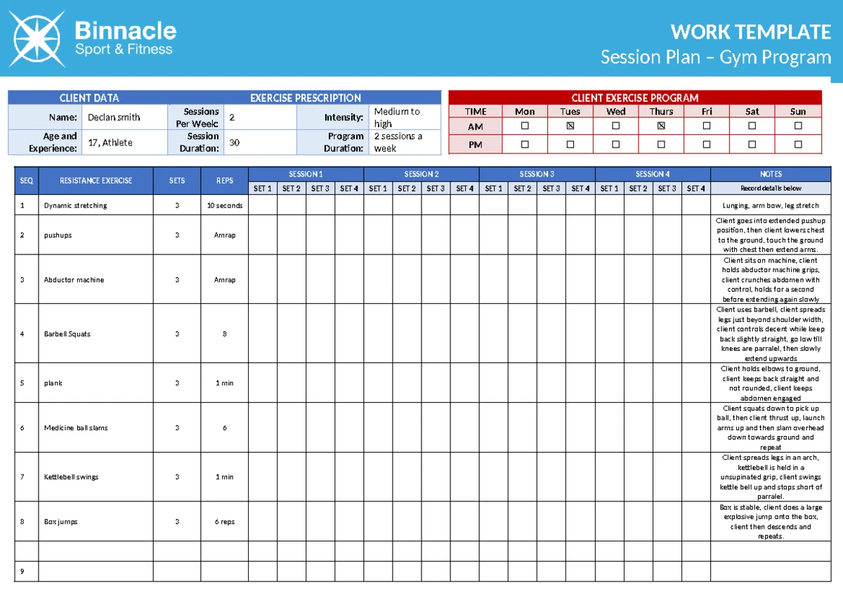 Gym Program (Example Session Plan) for Client Travis Smith - Studocu