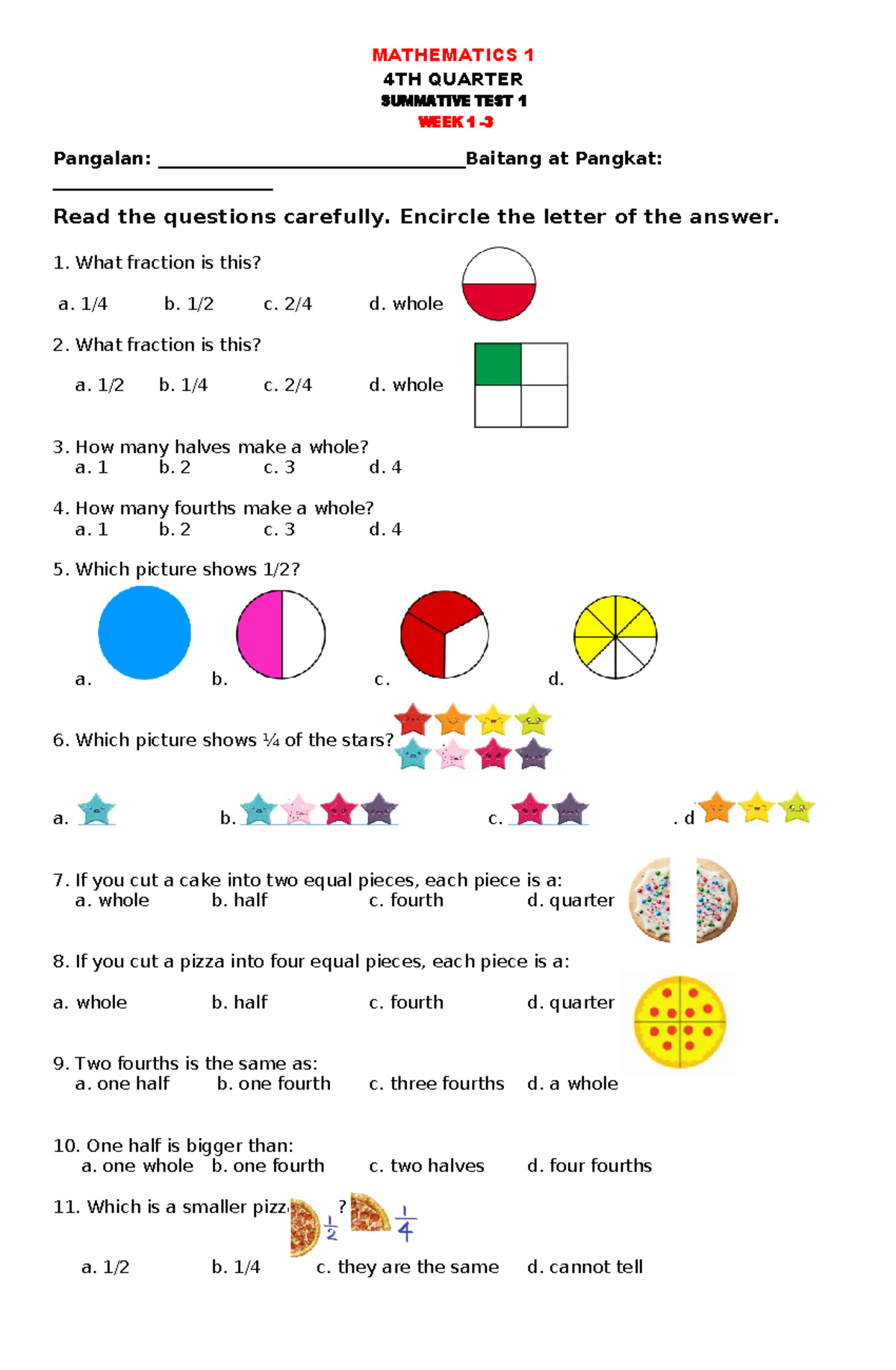 MATHEMATICS 1 4TH QUARTER SUMMATIVE TEST 1 WEEK 1 - Studocu