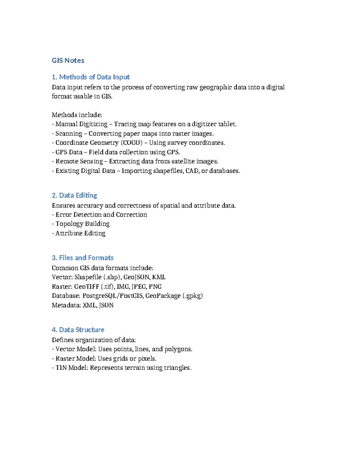 GIS Notes: Data Input, Editing, and Analysis Methods - Studocu
