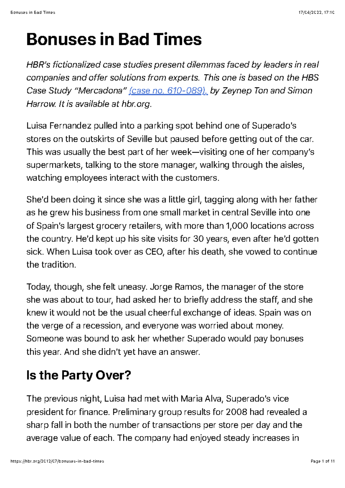 Leadership Case Study: Bonuses in Bad Times (HBS Case Study) - Studocu