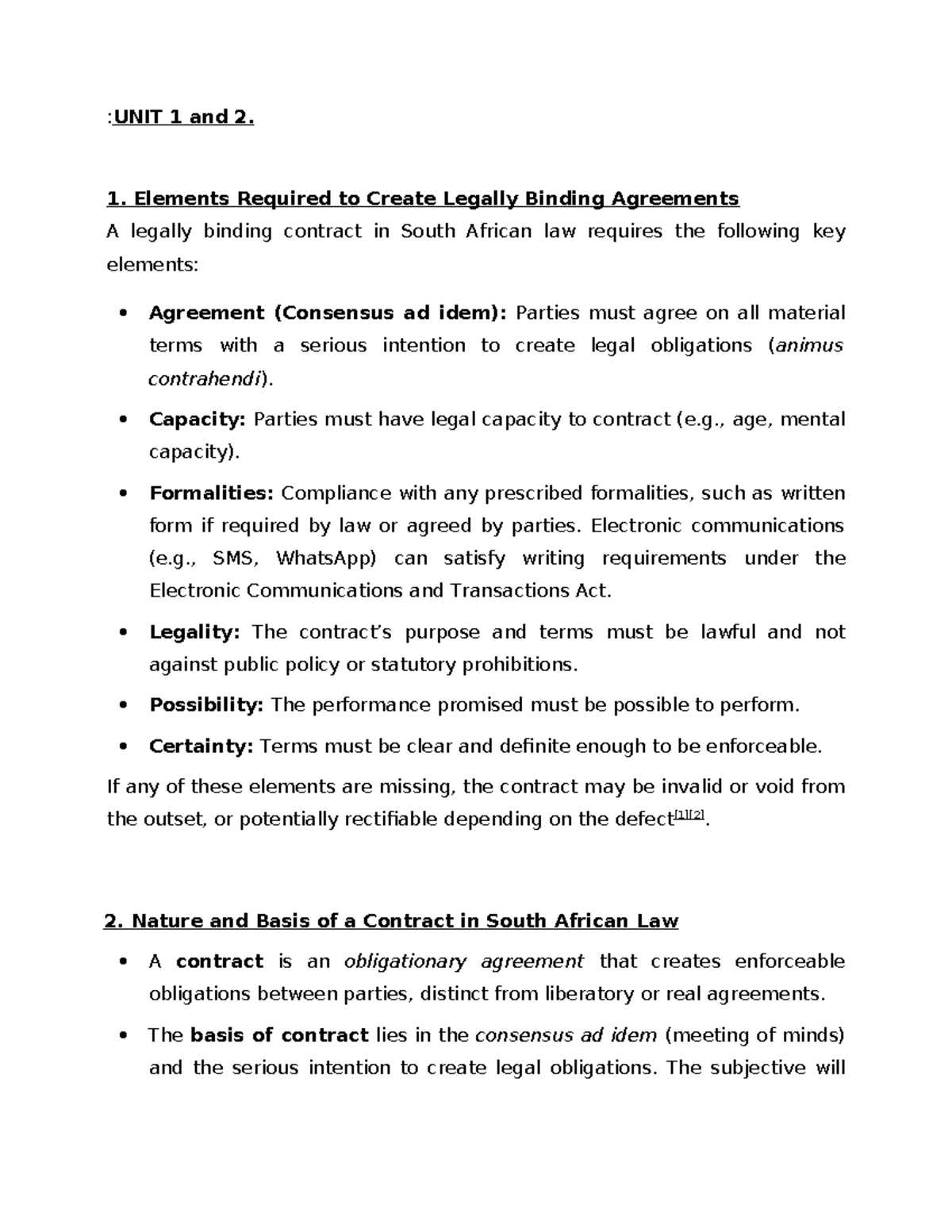 Law of Contract: Unit 1 & 2 Overview and Key Concepts - Studocu