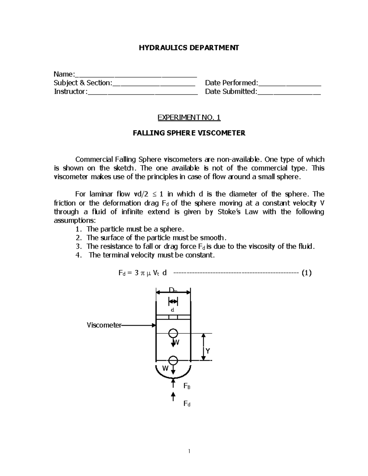 Experiment # 1: Determining Fluid Viscosity with a Falling Sphere ...