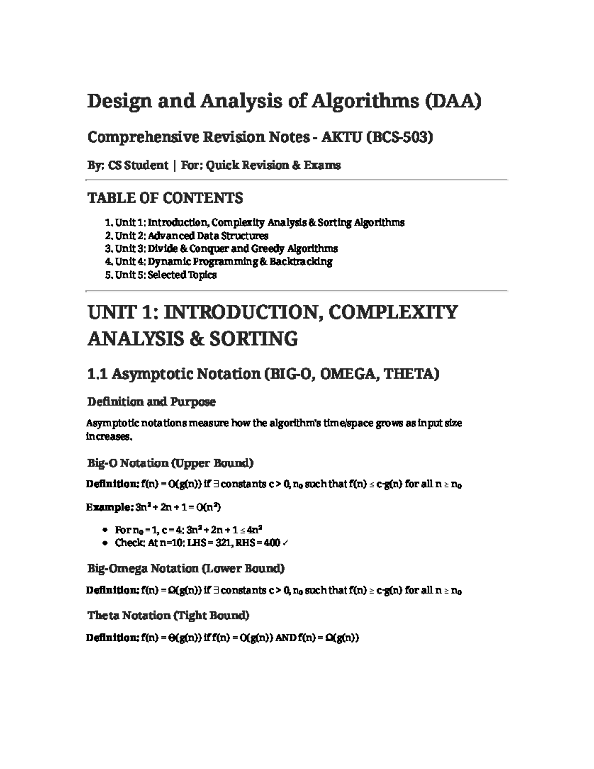 DAA (Design and Analysis of Algorithms) Comprehensive Revision Notes ...