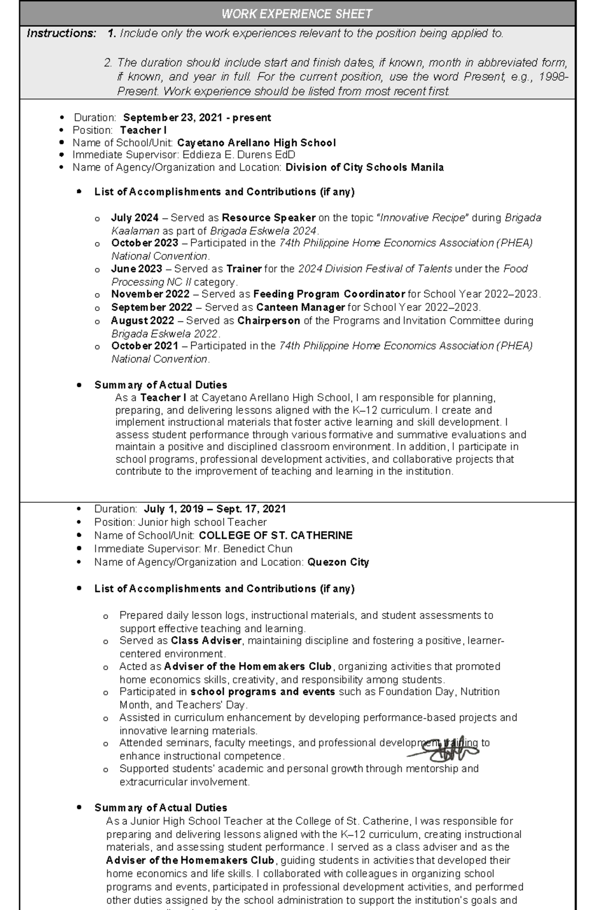 WES: Work Experience Sheet for Teacher Positions - Studocu