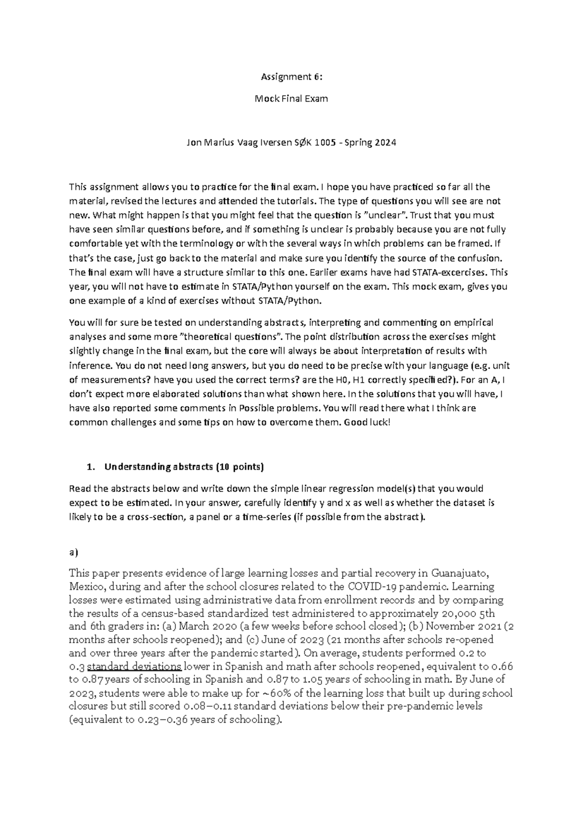 SØK 1005 Spring 2024: Mock Final Exam Preparation Assignment 6 - Studocu