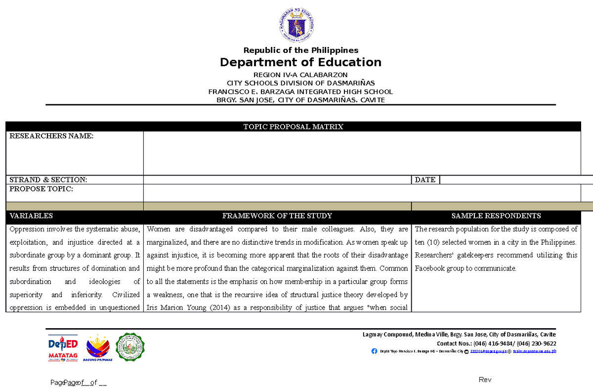 HUMSS 12 Practical Research 2: Topic Proposal Matrix on Oppression ...