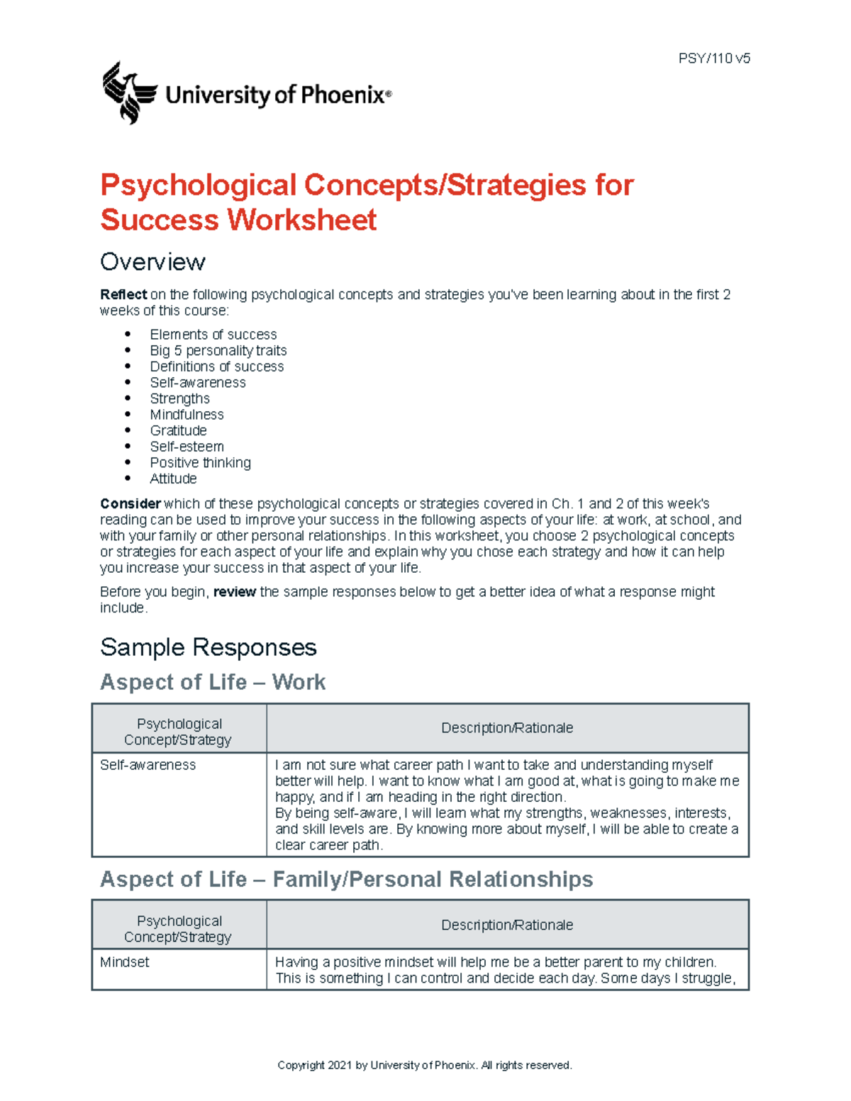 PSY/110 v5 Week 2 Psychological Concepts for Success Worksheet - Studocu