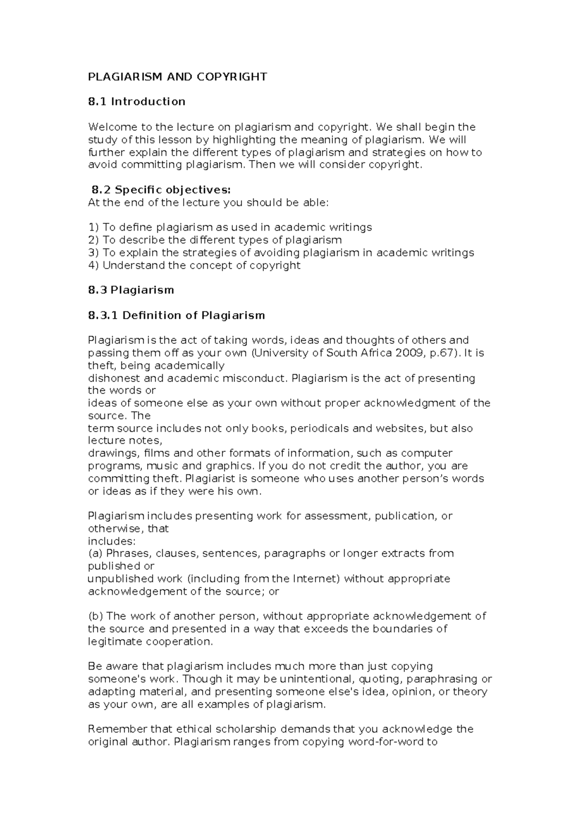 PLAGIARISM AND COPYRIGHT: Lecture Notes on Academic Integrity - Studocu