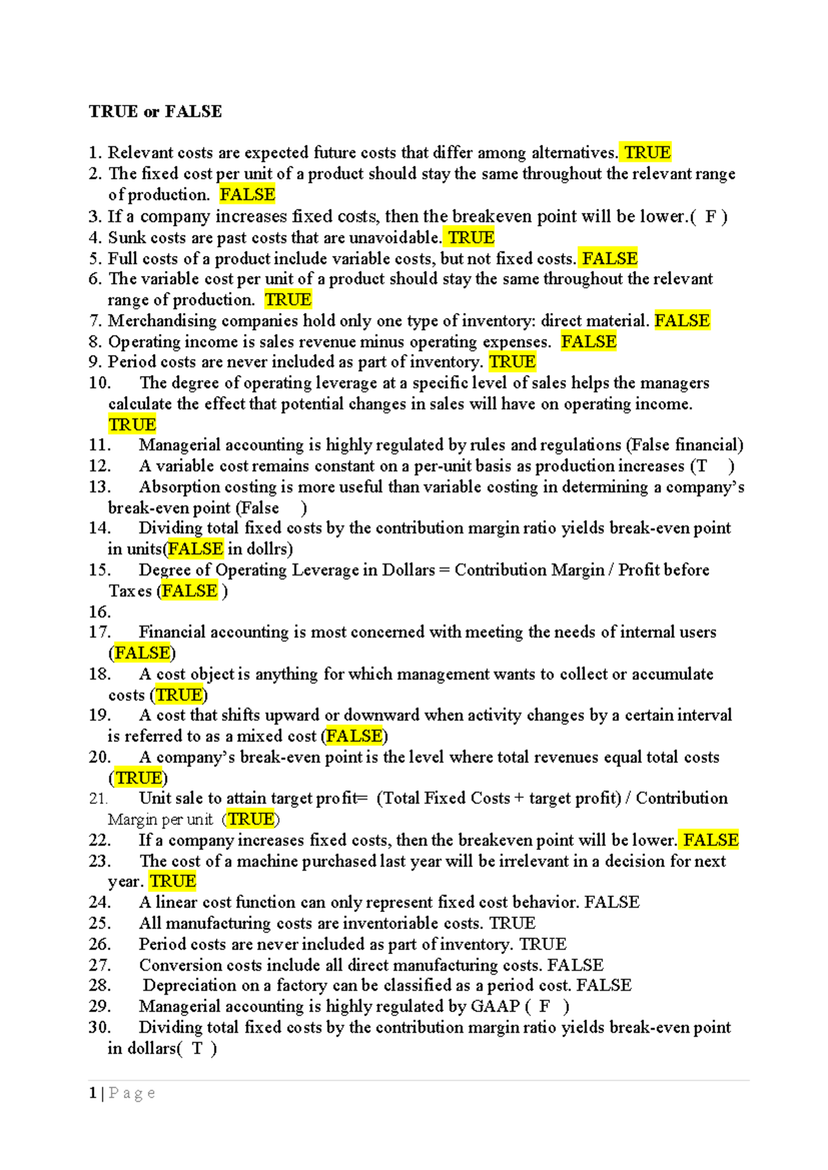 Cost Accounting Test Bank: TRUE or FALSE Questions and Answers - Studocu
