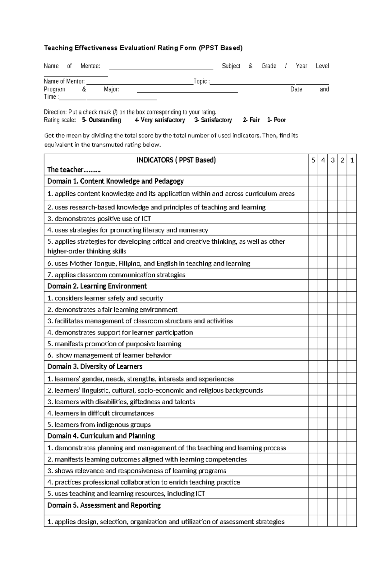 PPST Teaching Effectiveness Rating Form for Mentees - Studocu