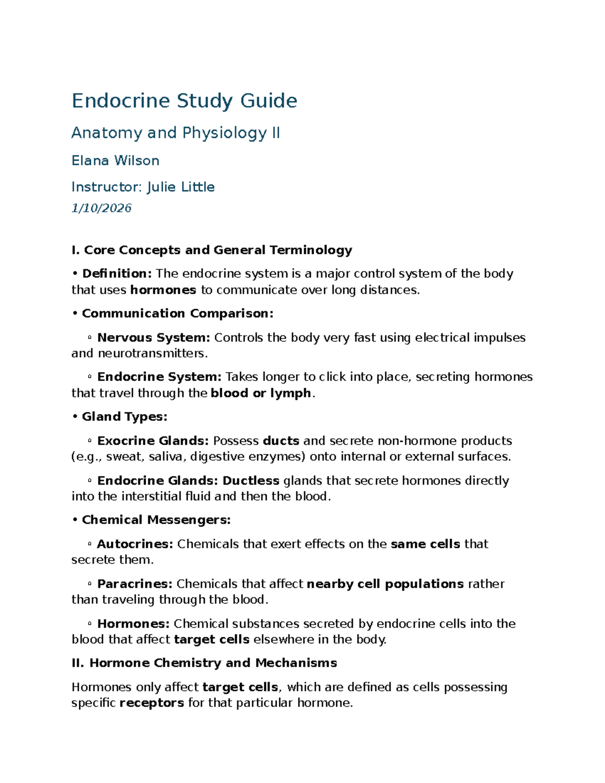 Endocrine System Study Guide - Anatomy & Physiology II (Prof. Little ...