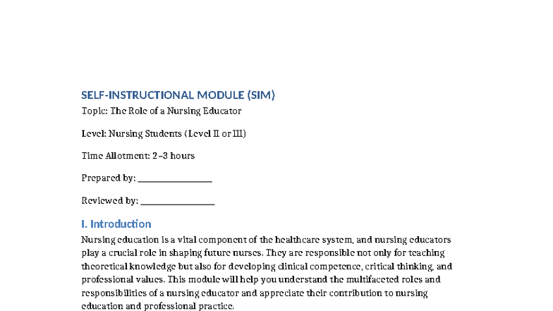 Self-Instructional Module: Role of Nursing Educator (NURS 202) - Studocu