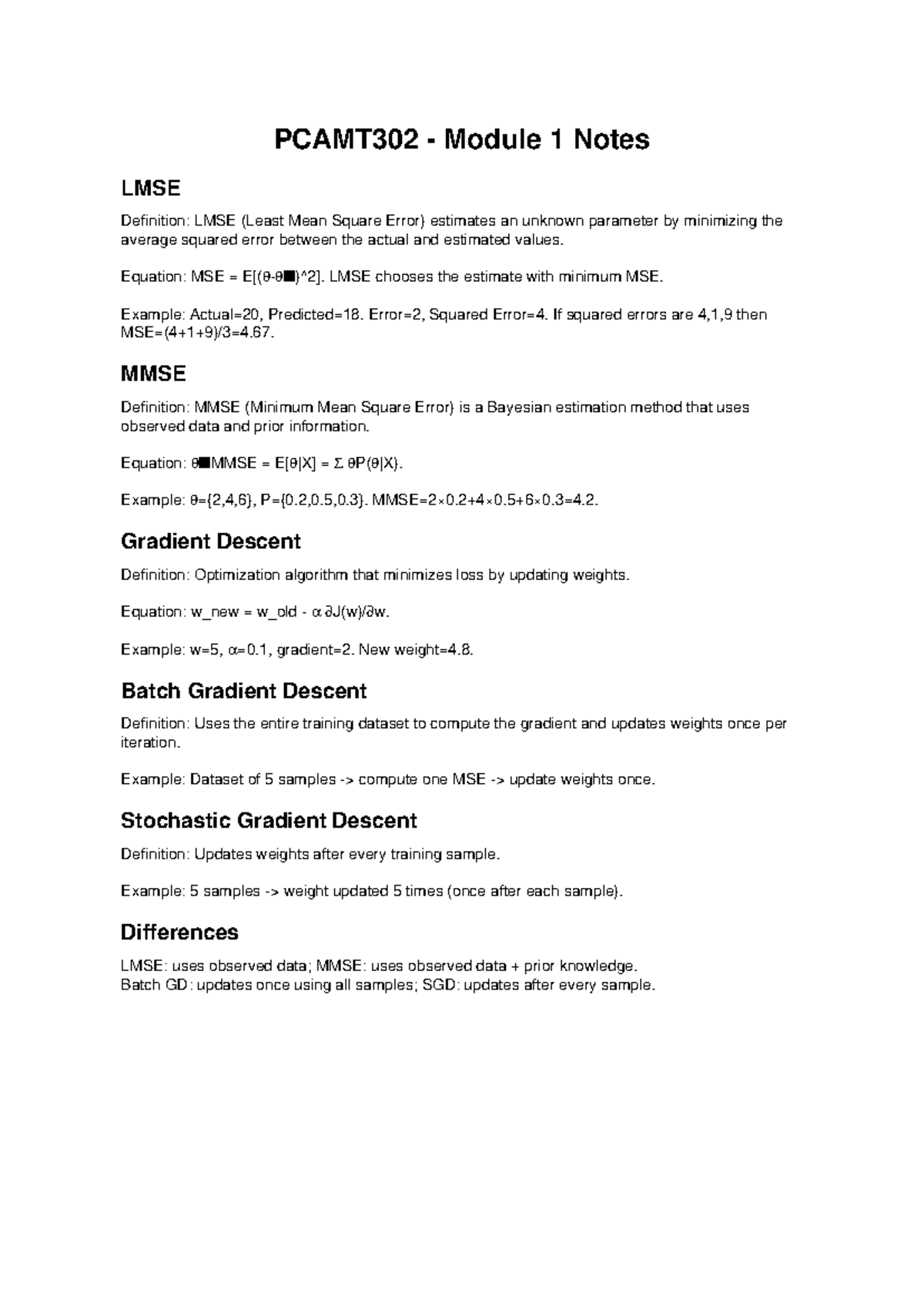 PCAMT302 Module 1 Notes: LMSE, MMSE & Gradient Descent Concepts - Studocu