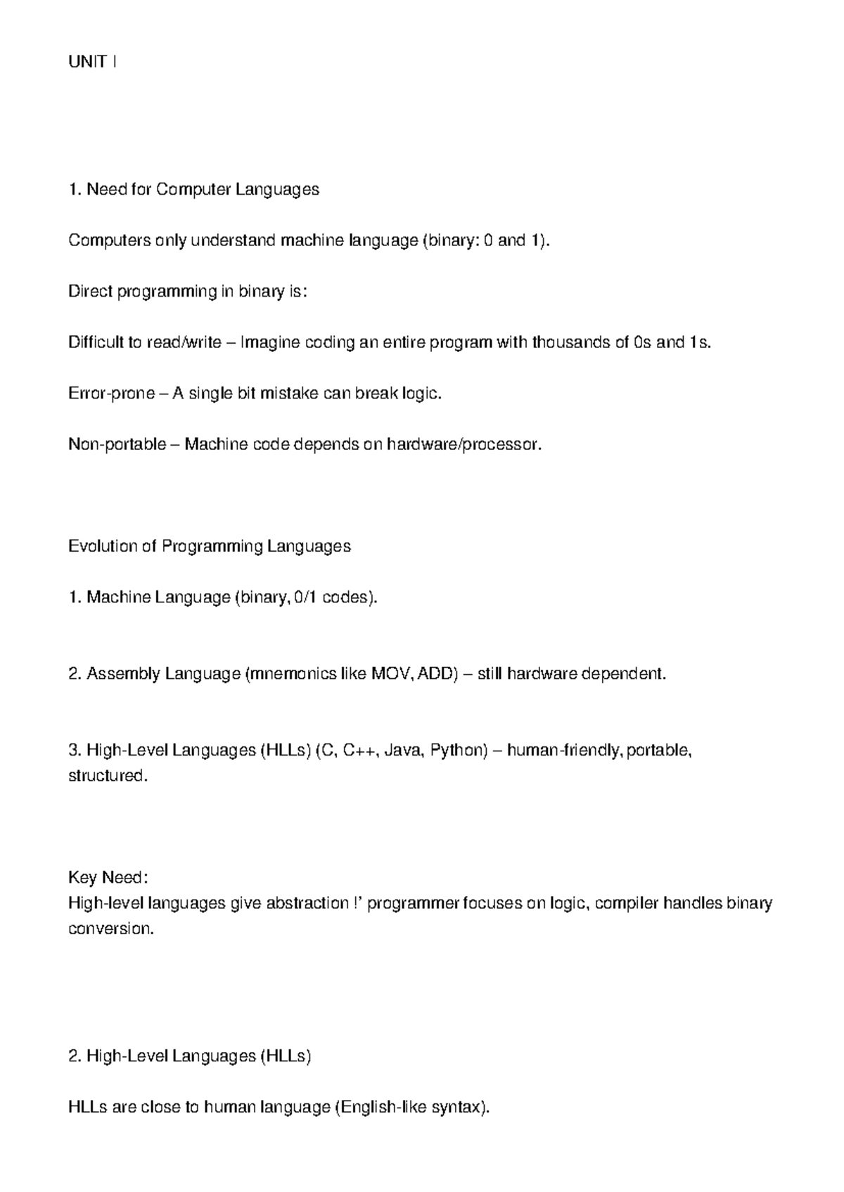 CP101 Unit I: Introduction to Computer Languages and Programming - Studocu