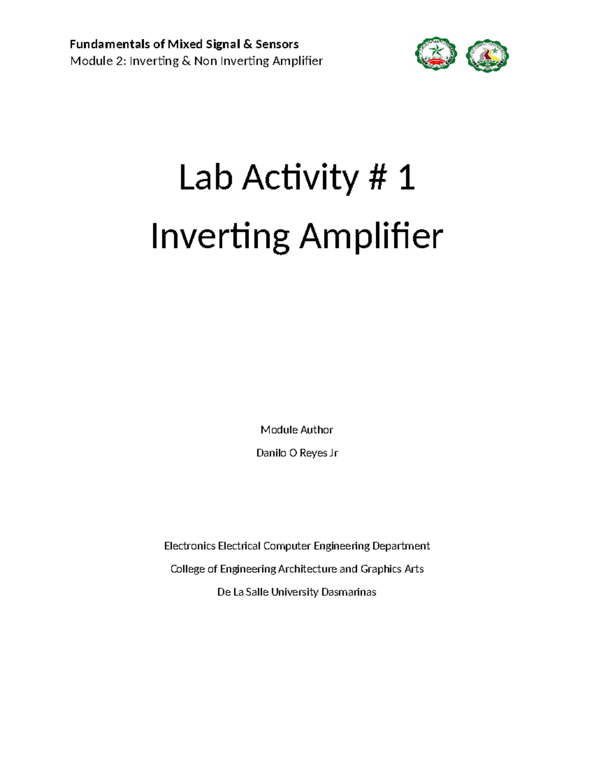 Lab Activity Inverting amplifier circuit - Module 2: Inverting & Non ...