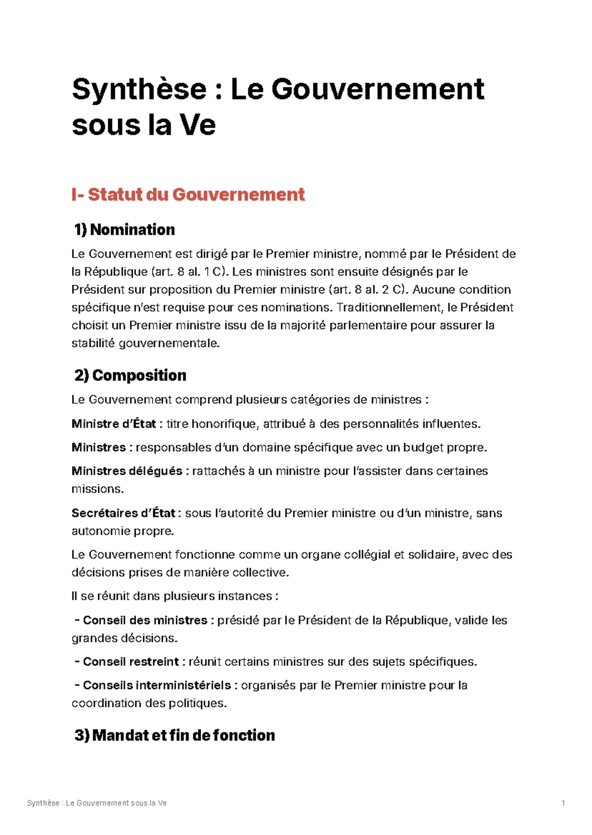 Synthèse : Le Gouvernement sous la Ve République - Fonctionnement et ...