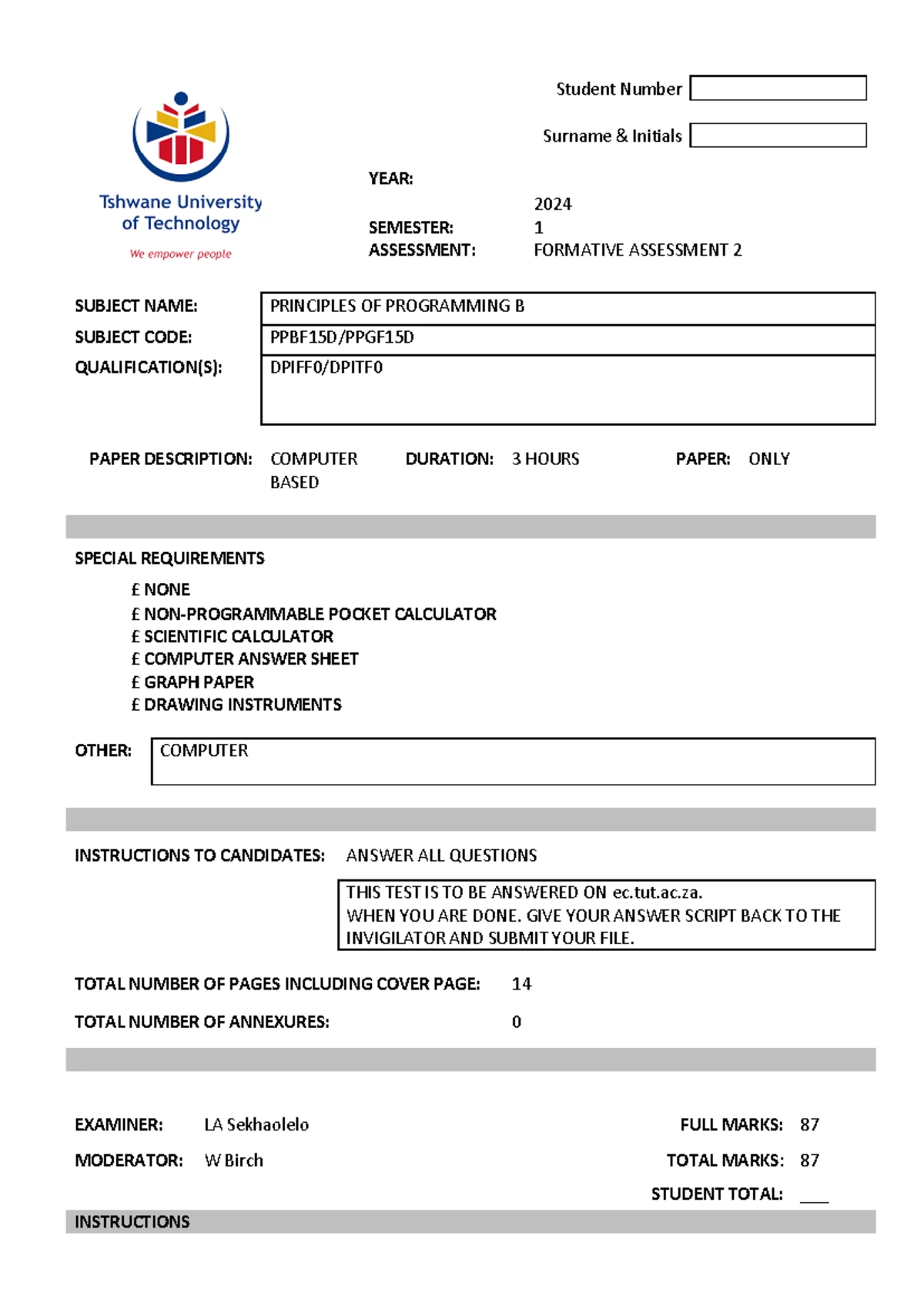 DBP316D Semester Test 1 Memo - PL/SQL Solutions S1 2023 - Studocu