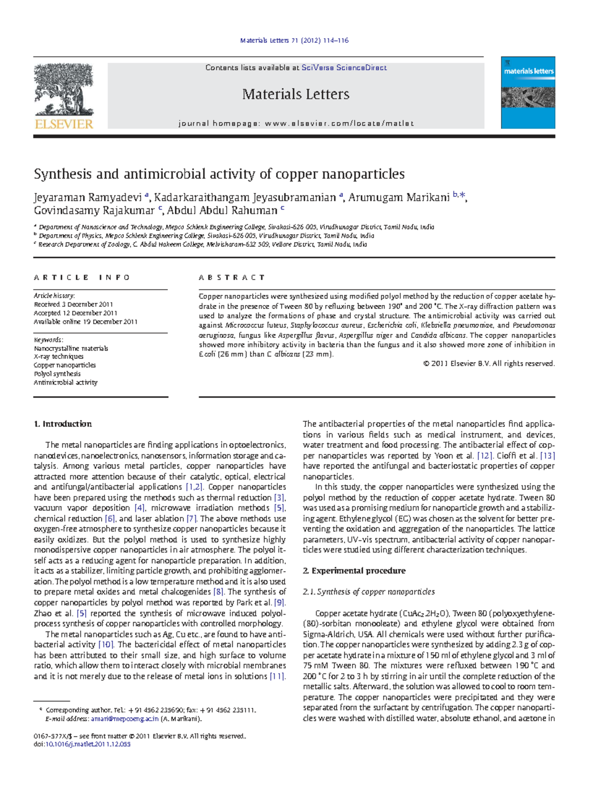 Synthesis and Antimicrobial Activity of Copper Nanoparticles (MATERIALS ...