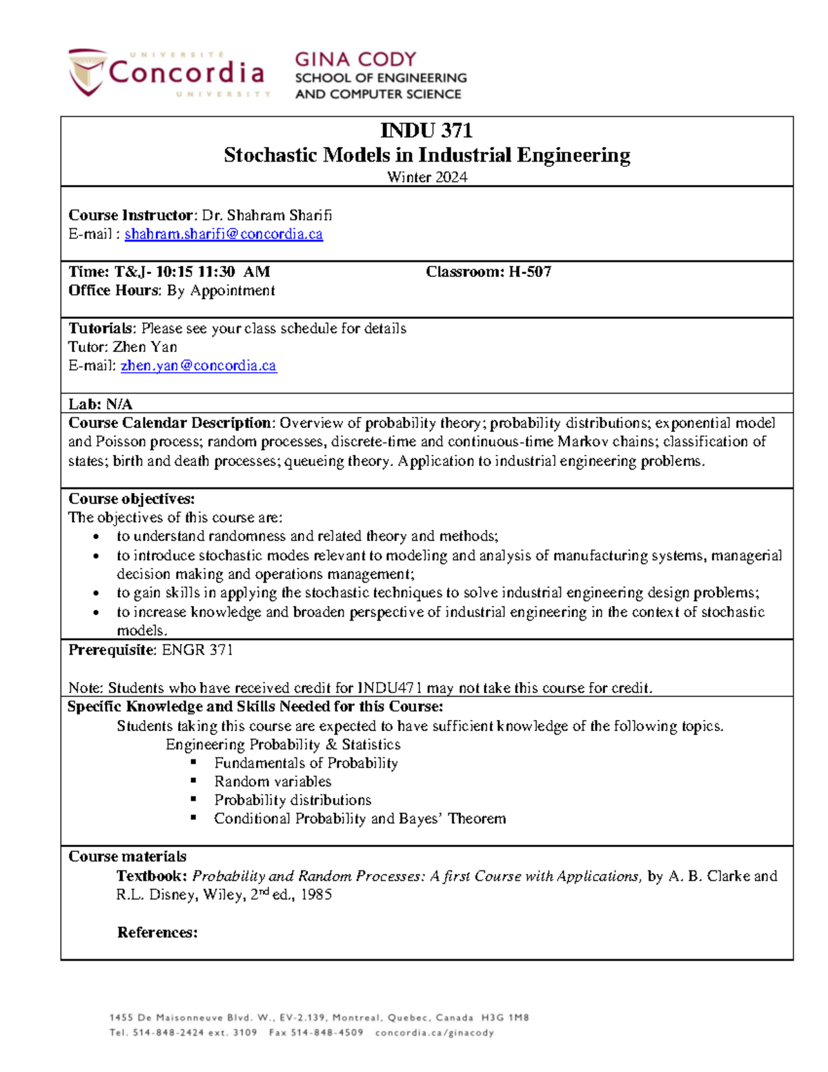 INDU 371 - Course Outline: Stochastic Models in Industrial Engineering ...