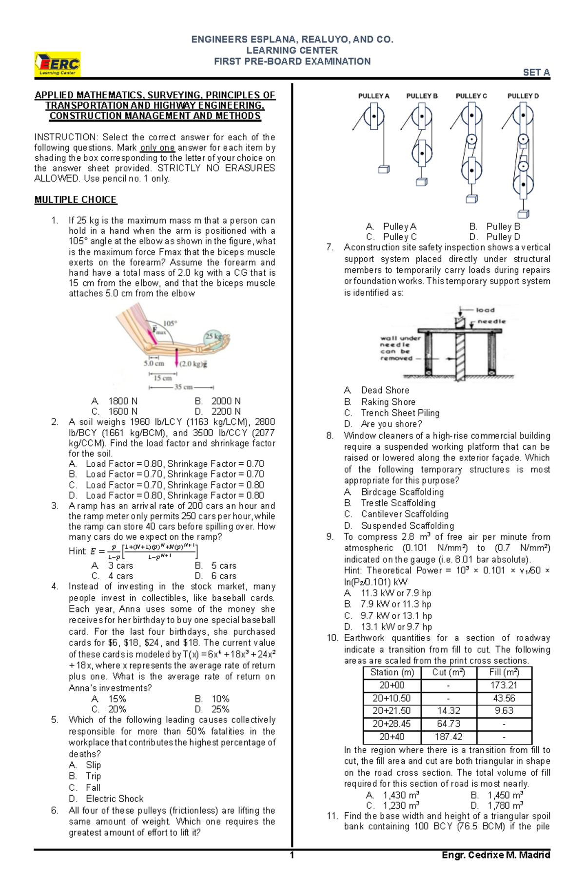 ENGR 101: FIRST EXAMINATION SET A - APPLIED MATH & ENGINEERING ...