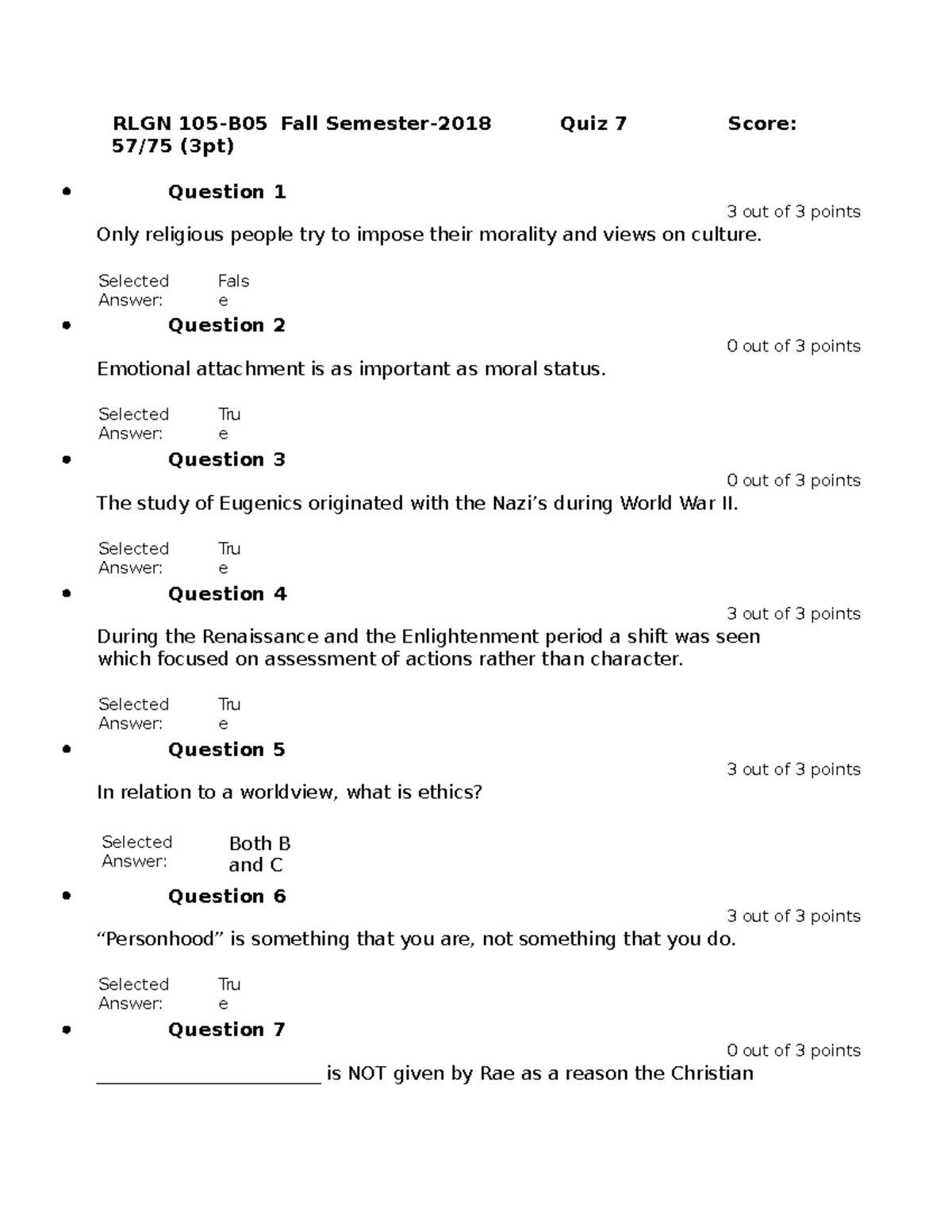 RLGN 105 Quiz 7 - Study Guide for Religion 105 Weekly Assessment - Studocu