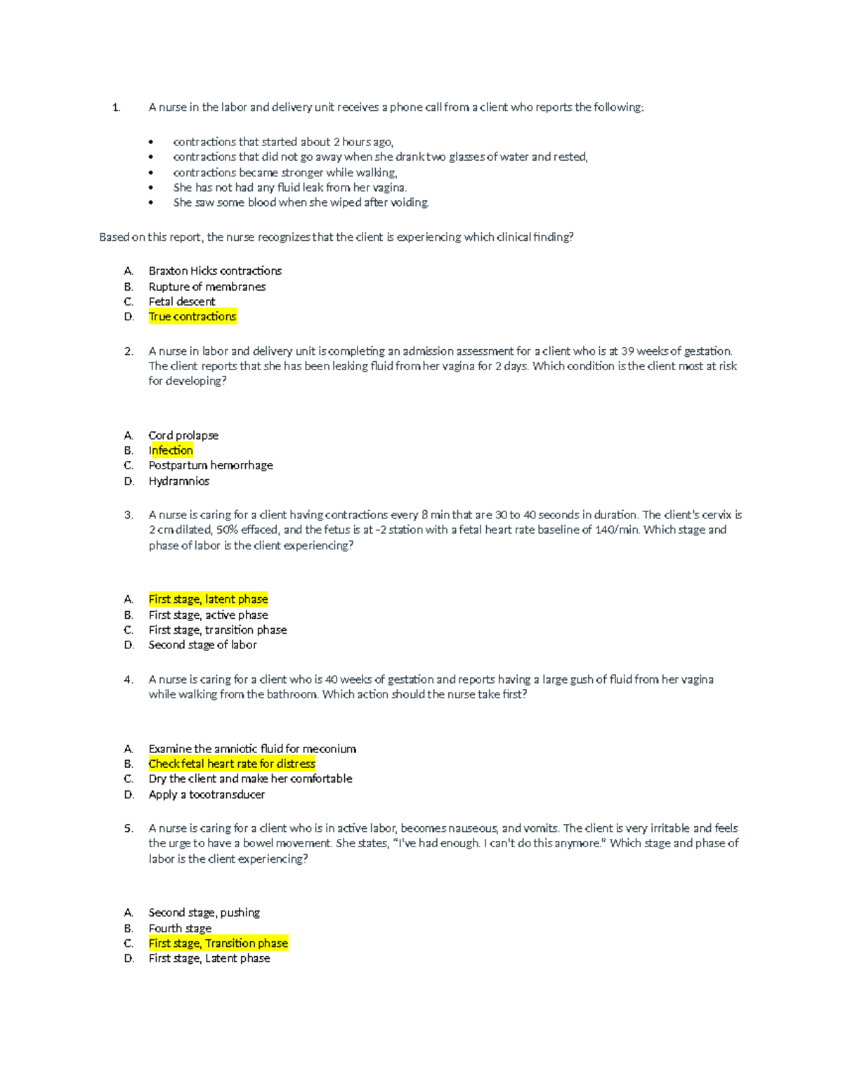 OB 101 Quizzes - Practice Questions for Labor and Delivery - Studocu