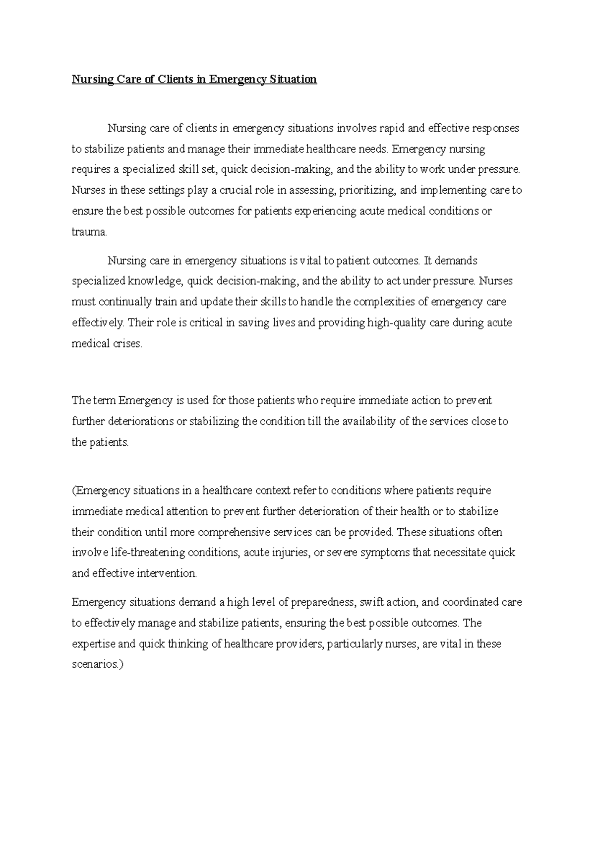 Nursing Care of Clients in Emergency Situation - Emergency nursing ...