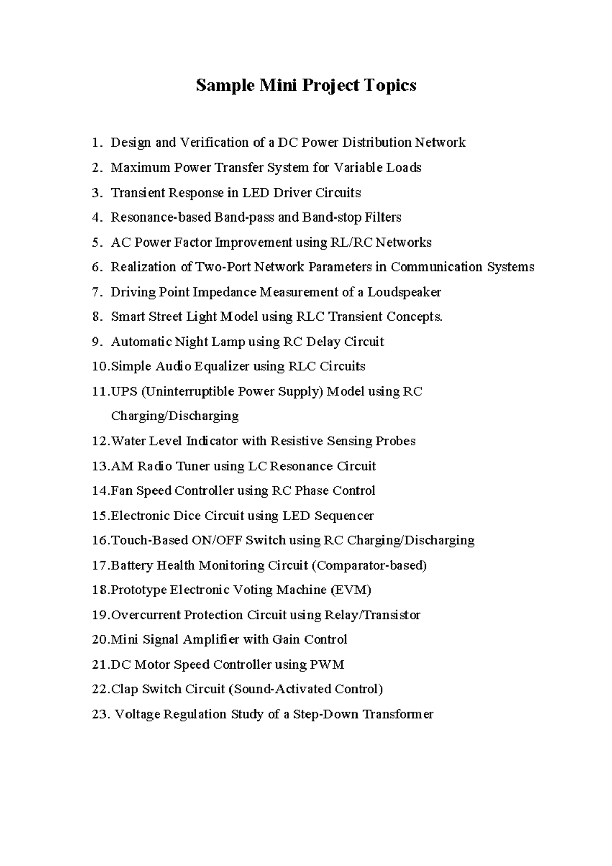 Mini Project Topics List for Electrical Engineering (EE 101) - Studocu