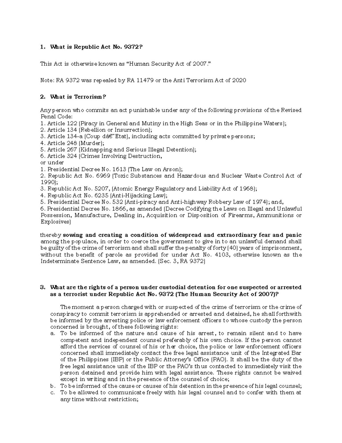 RA 9372 & RA 11479: Understanding Terrorism Laws and Rights - Studocu