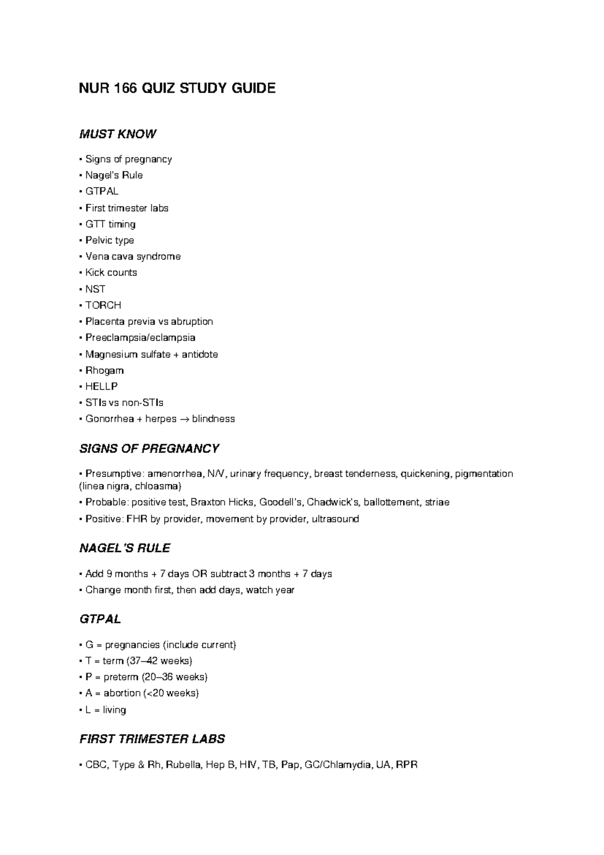 NUR 166 QUIZ STUDY GUIDE: Key Concepts on Pregnancy Signs & Labs - Studocu