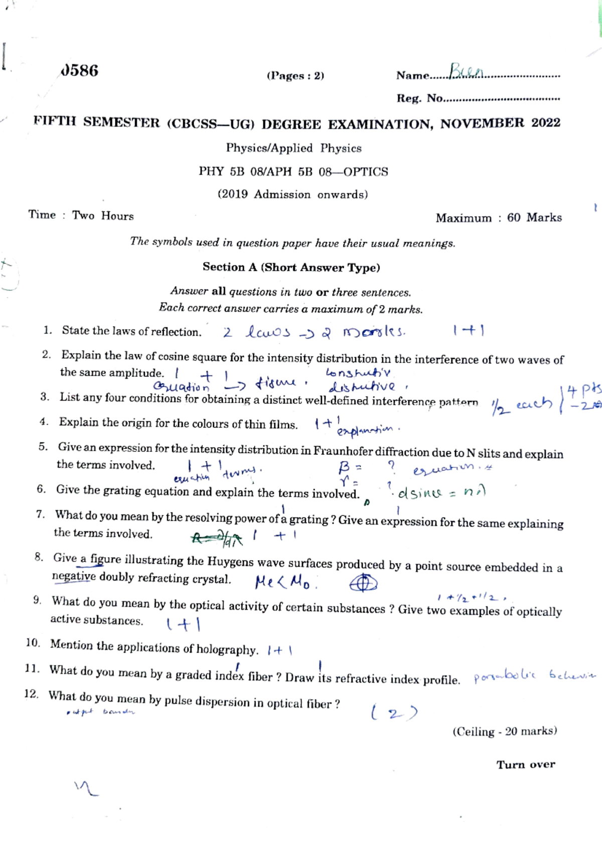 PHY 5B 08: Optics Nov 2022 Final Exam Question Paper - Studocu