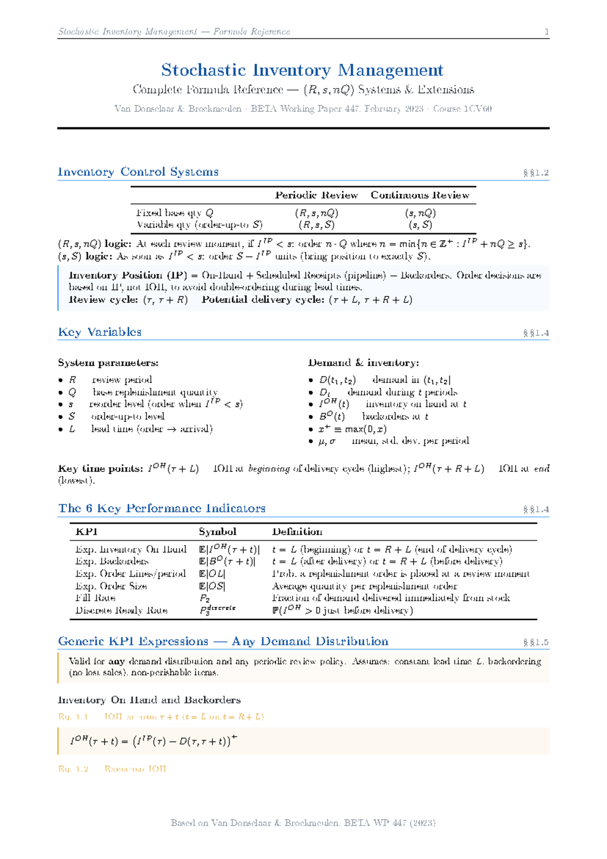 Stochastic Inventory Management Formulas Reference 1CV60 - Studeersnel