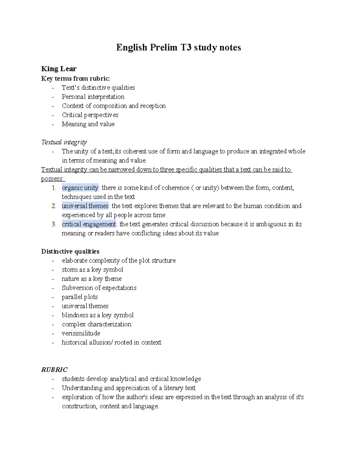 English Prelim T3 Study Notes: Key Terms & Concepts in King Lear - Studocu