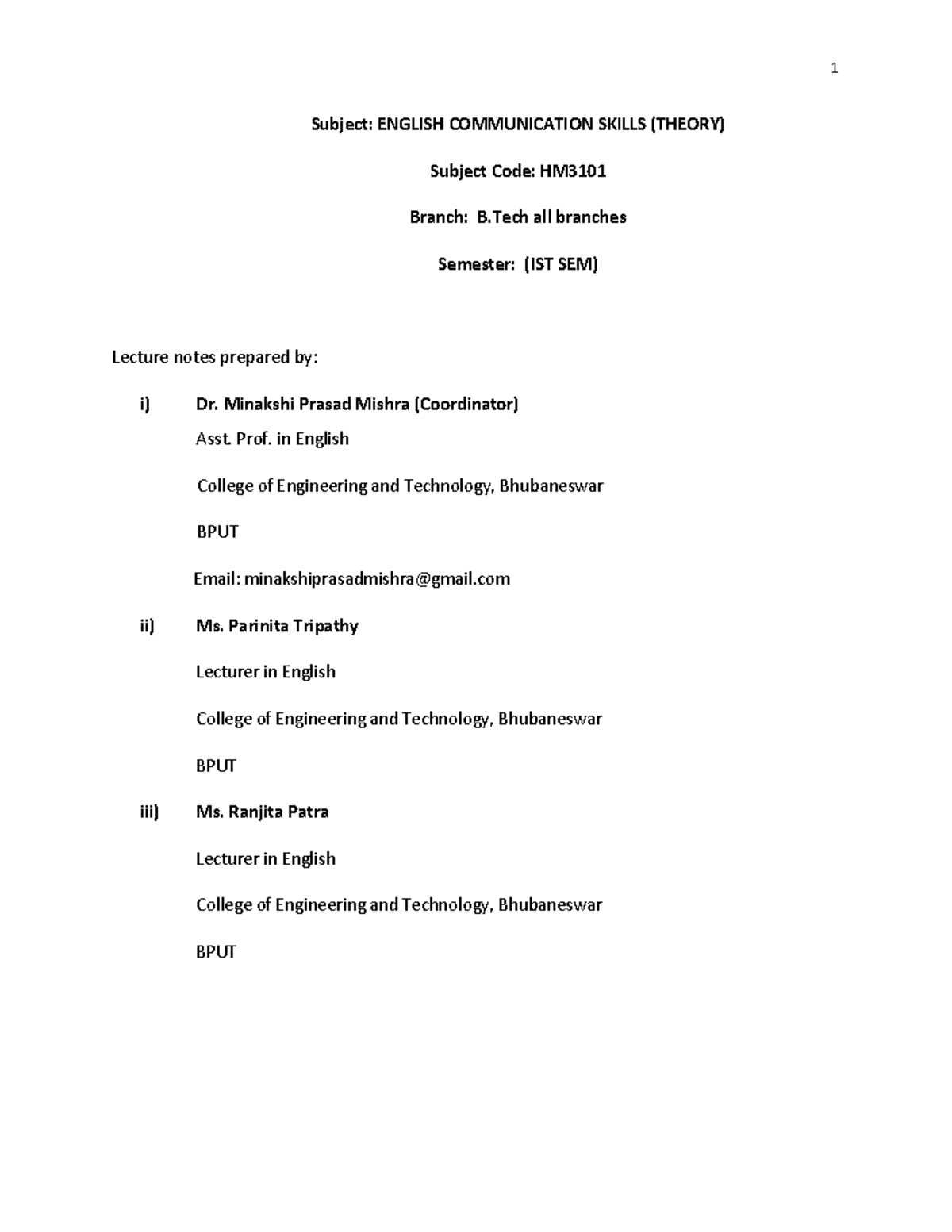 English Communication Skills Lecture Notes (HM - Sem 1) - Studocu