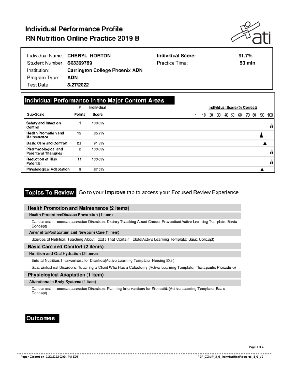 ATI Nutrition Report - Individual Performance Profile RN Nutrition ...