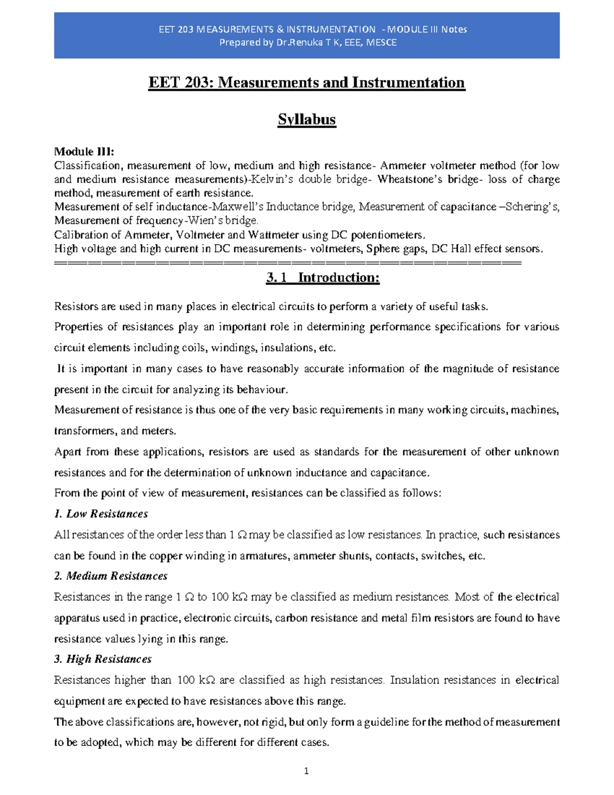 EET 203 Measurements and Instrumentation- Module I - EET 203 ...
