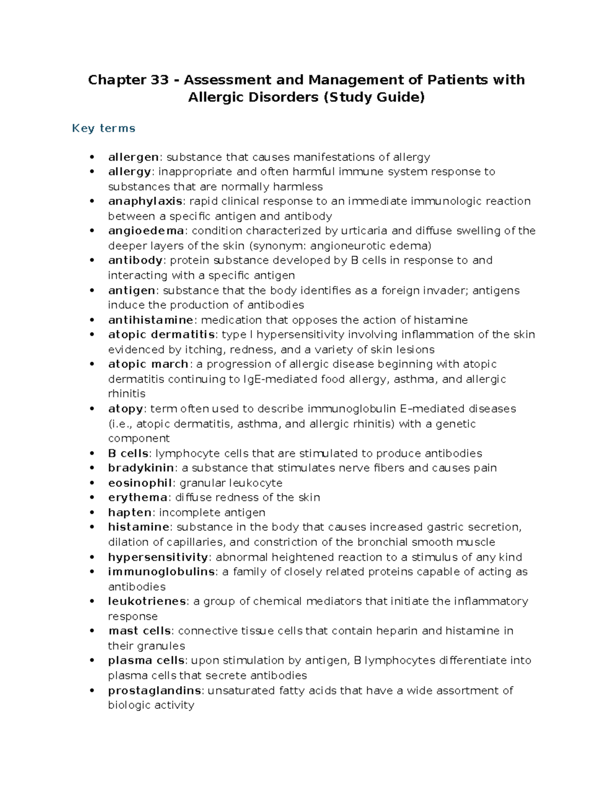 Chapter 33 Study Guide: Assessment & Management of Allergic Disorders ...